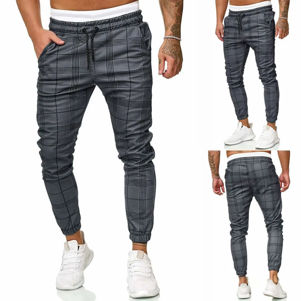 Cut Jean Men's Long Casual Sport Pants Slim Fit Plaid Trousers Running Joggers Sweatpants