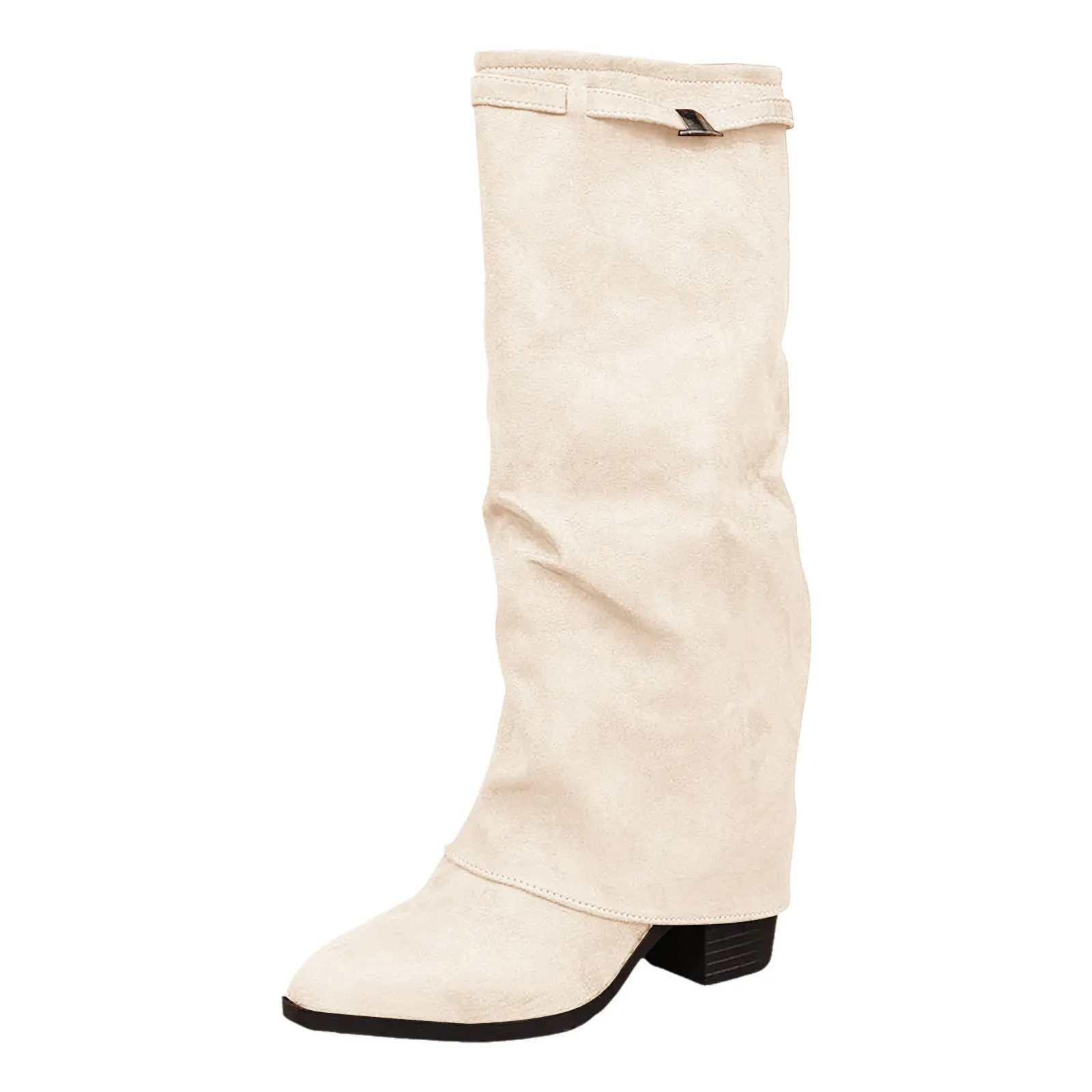 Women's Over The Knee Boots With Metal Decor Flock Material Fashion Boots With Thick Stable Heels Flat Boots for Women Mid Calf