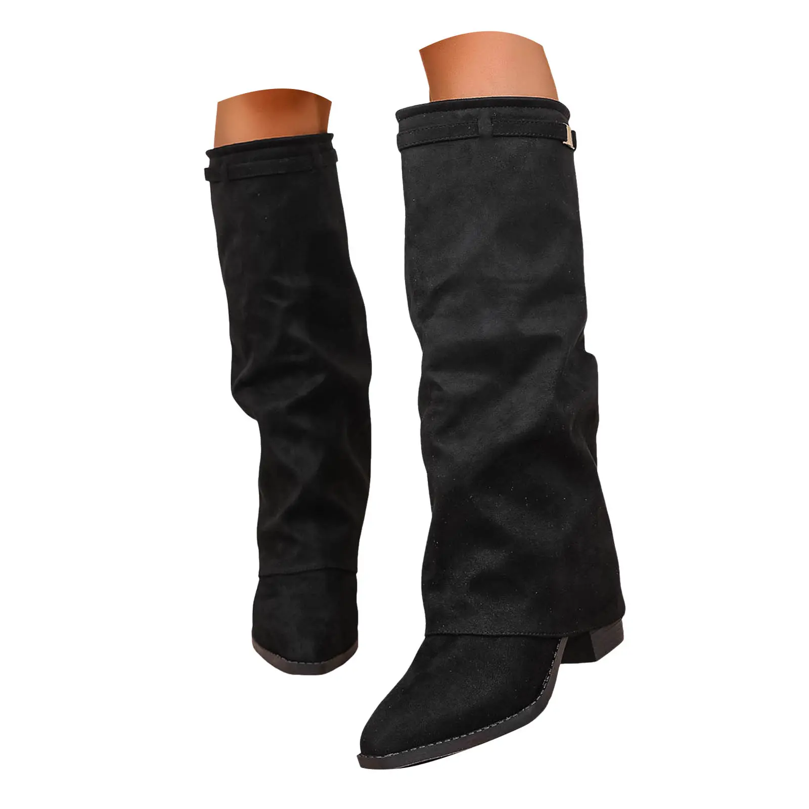 Women's Over The Knee Boots With Metal Decor Flock Material Fashion Boots With Thick Stable Heels Flat Boots for Women Mid Calf
