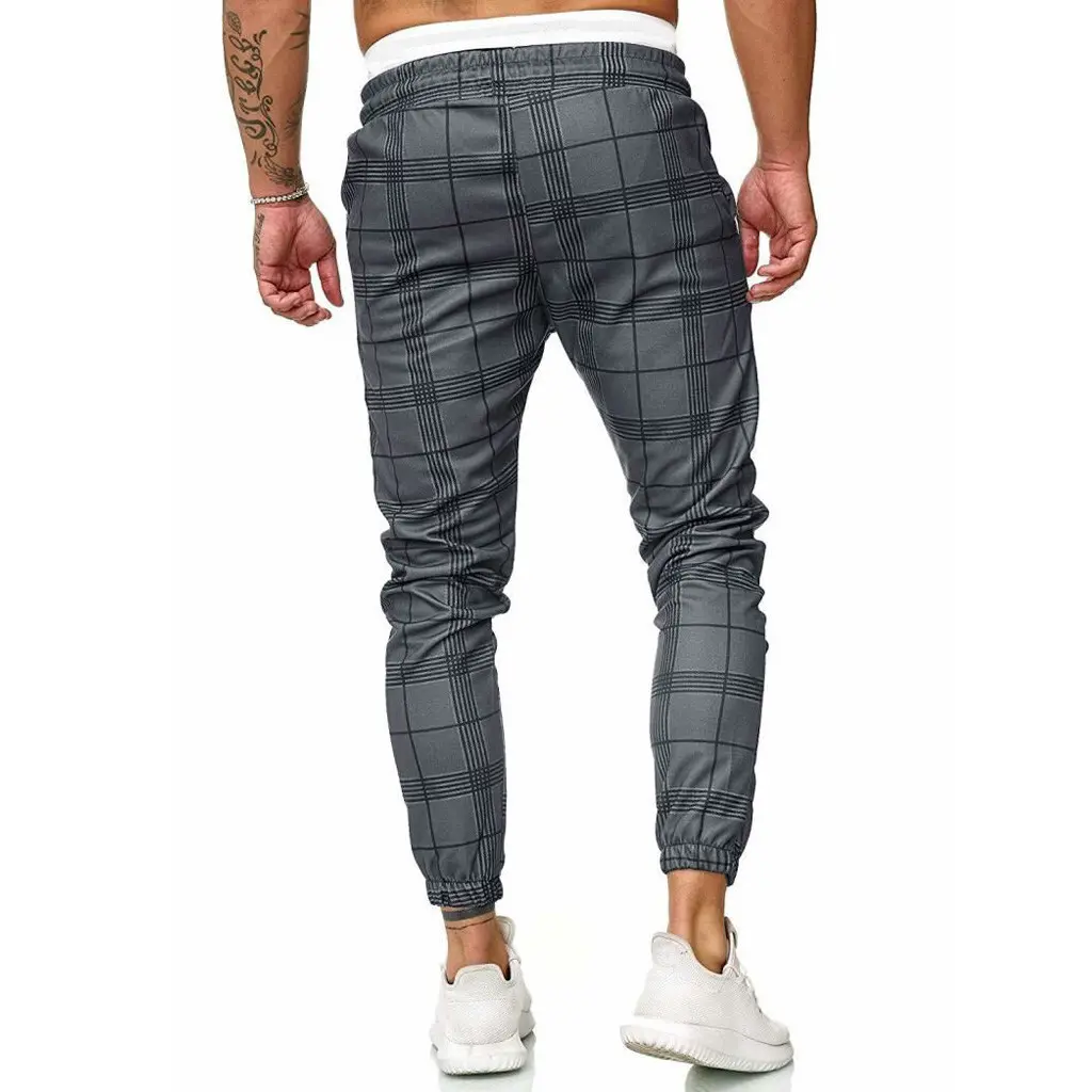 Cut Jean Men's Long Casual Sport Pants Slim Fit Plaid Trousers Running Joggers Sweatpants