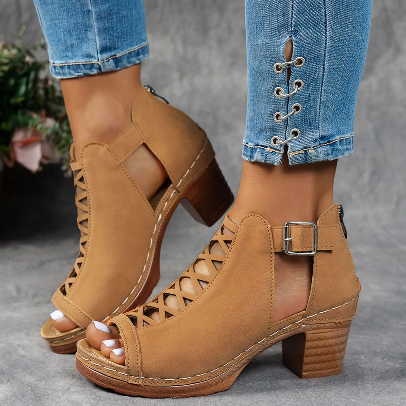 Women Summer Elegant Sandals Thick Heel Wedge Chunky High Heels Open Toe Hollow Cross Bundled Wedding Versatile Shoes