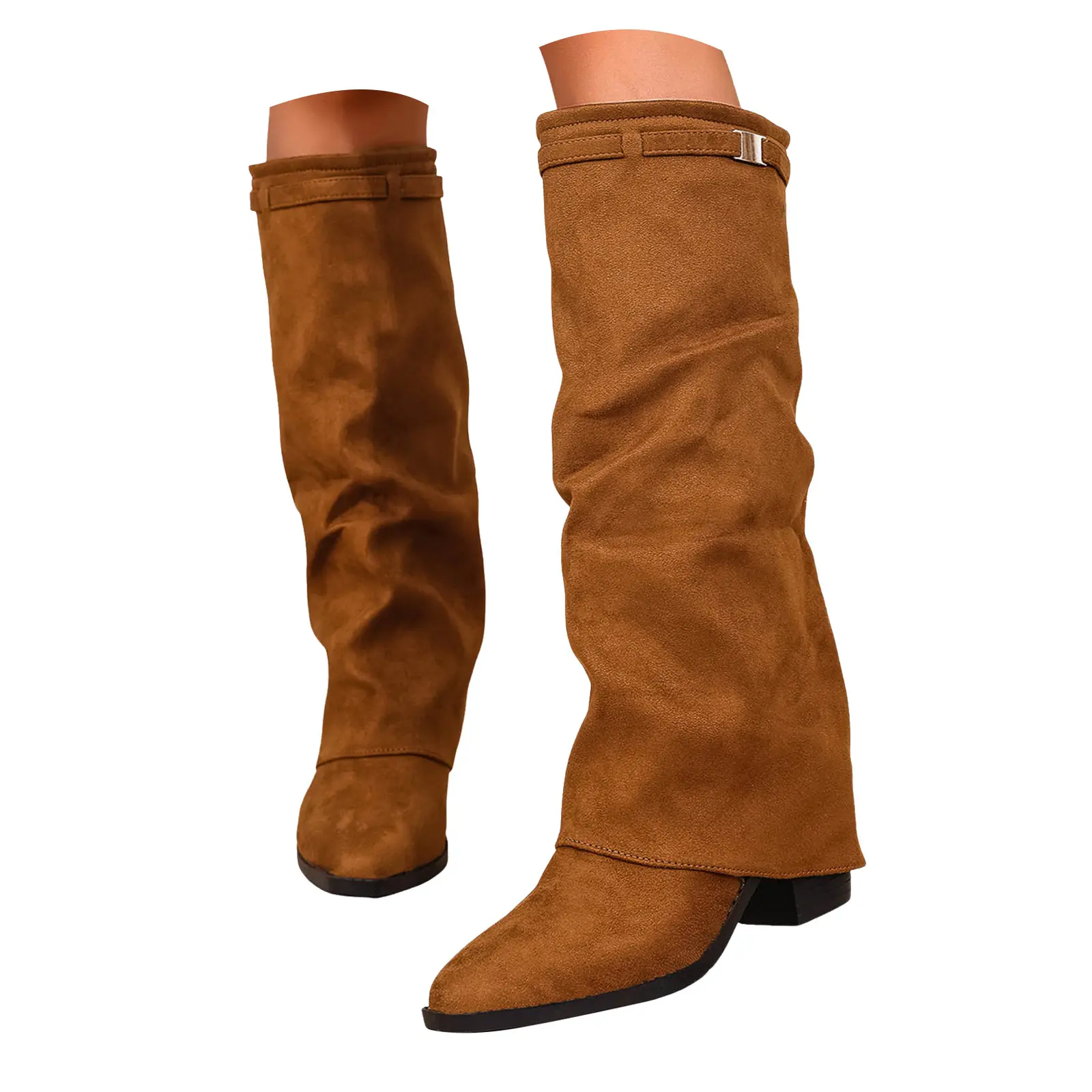 Women's Over The Knee Boots With Metal Decor Flock Material Fashion Boots With Thick Stable Heels Flat Boots for Women Mid Calf