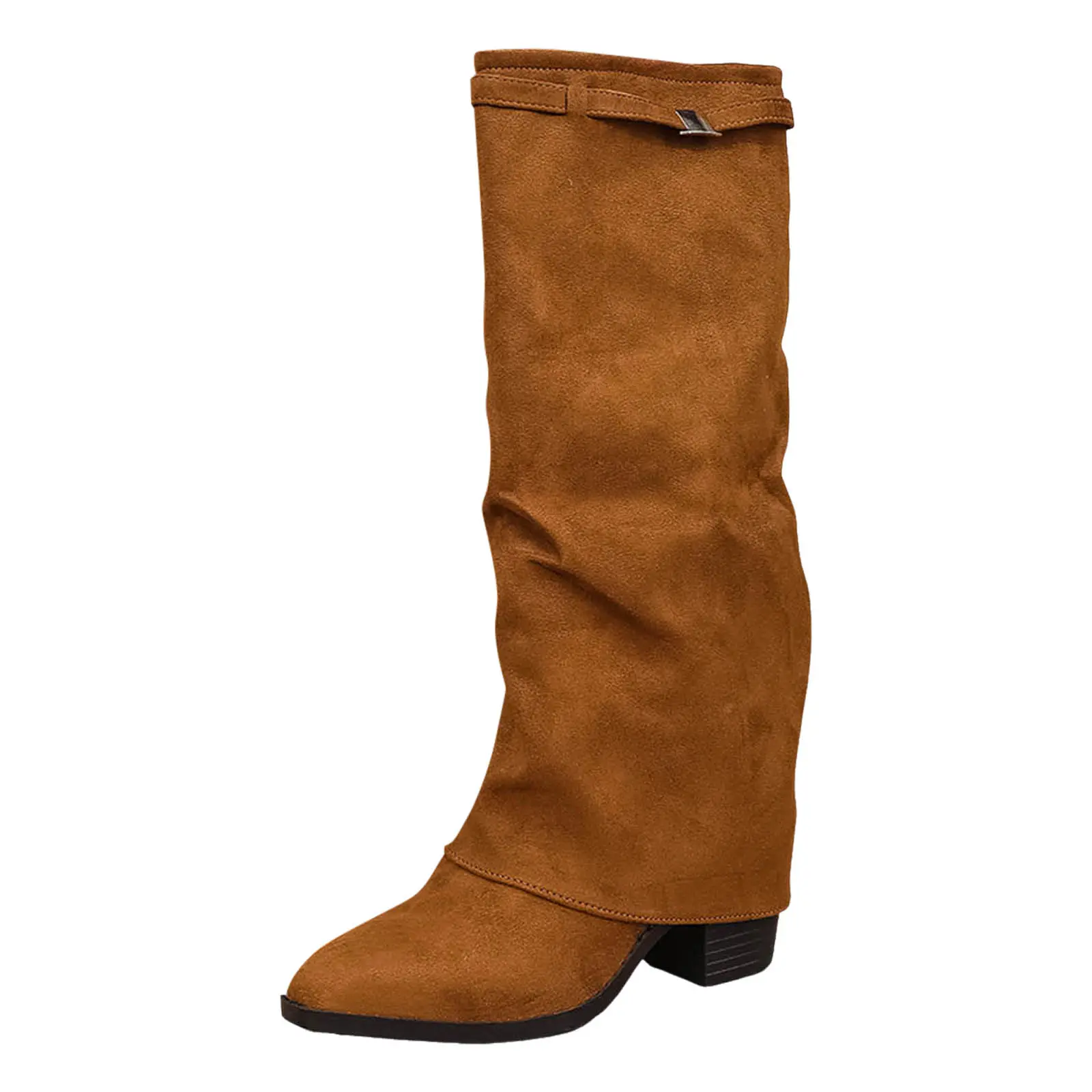 Women's Over The Knee Boots With Metal Decor Flock Material Fashion Boots With Thick Stable Heels Flat Boots for Women Mid Calf