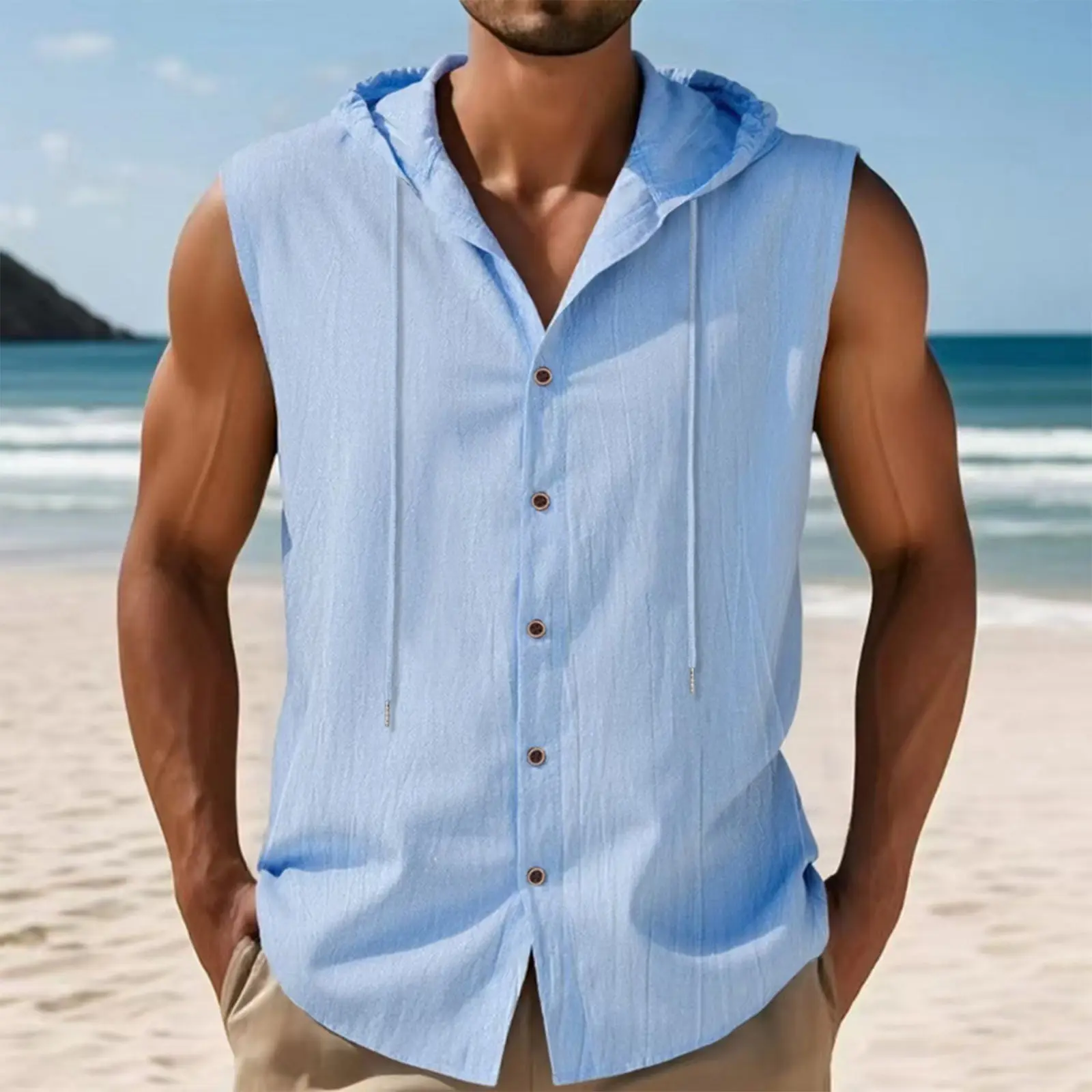 Male Summer Hawaii Solid Shirt Sleeveless Drawstring Pocket Button Down Single Breasted Thin Breathable Vacation Casual Tops