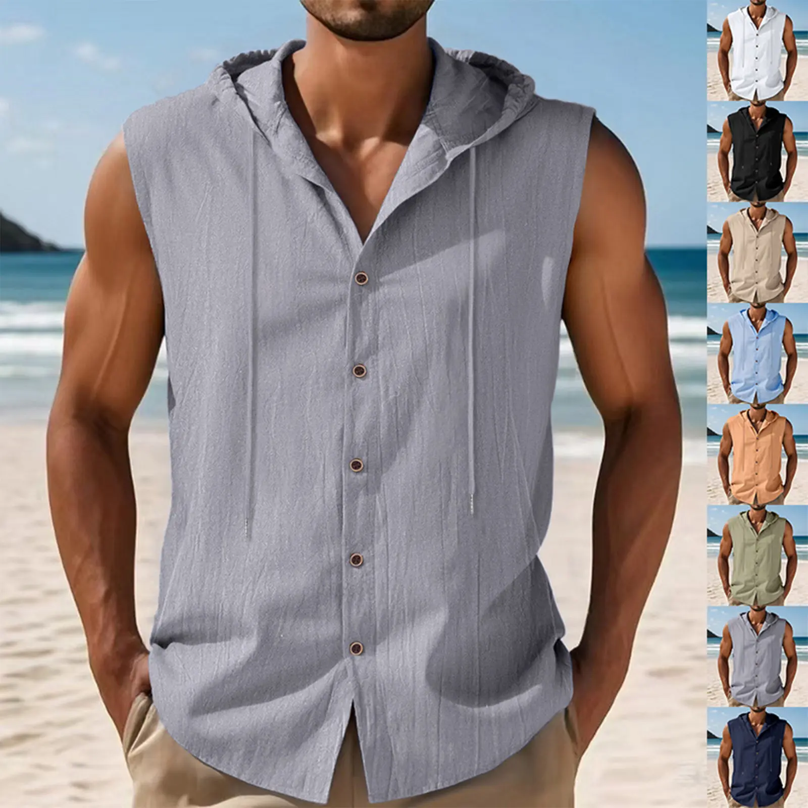 Male Summer Hawaii Solid Shirt Sleeveless Drawstring Pocket Button Down Single Breasted Thin Breathable Vacation Casual Tops