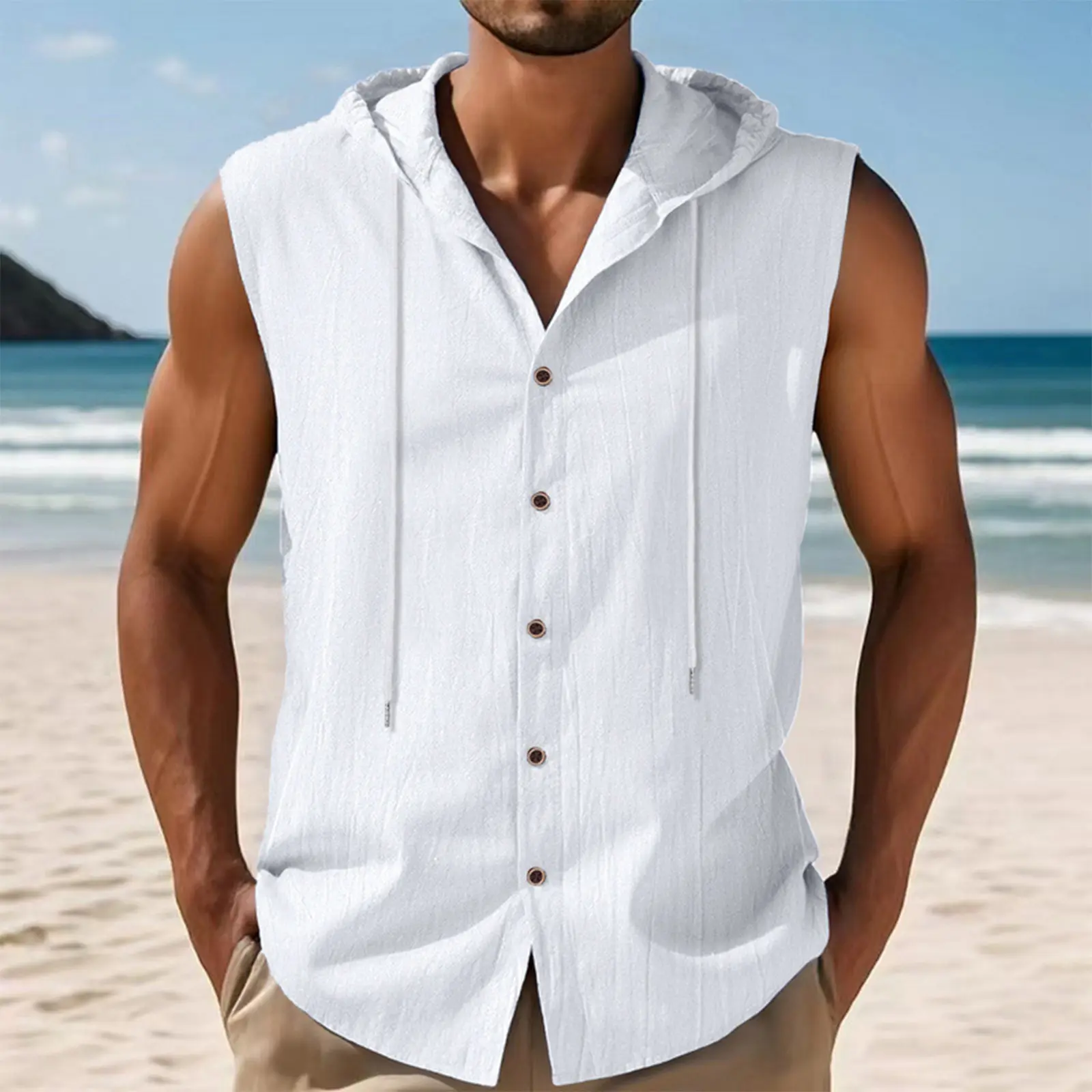 Male Summer Hawaii Solid Shirt Sleeveless Drawstring Pocket Button Down Single Breasted Thin Breathable Vacation Casual Tops