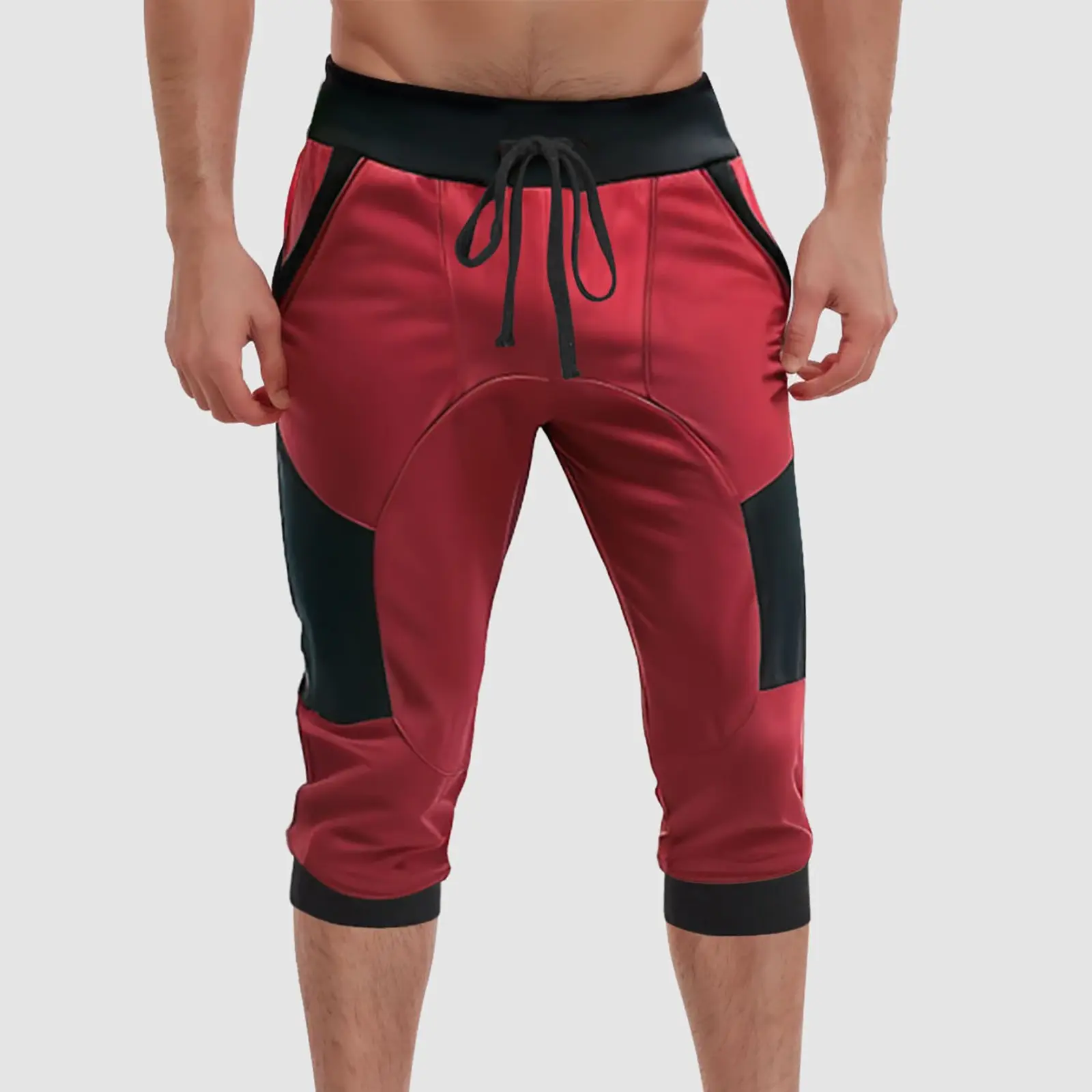 Knit Jogger Shorts For Men Elastic Waist Over Knee Drawstring 3/4 Athletic Workout Short Pants Male Running Pants