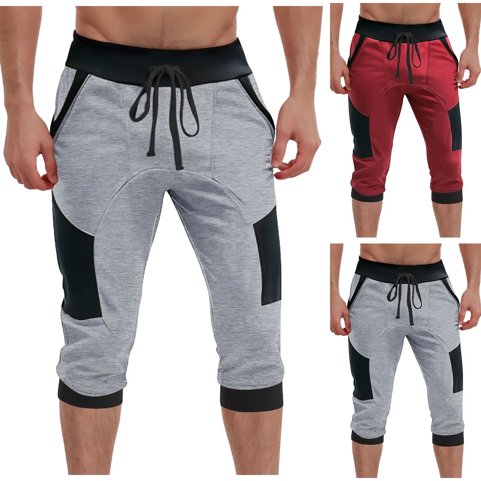 Knit Jogger Shorts For Men Elastic Waist Over Knee Drawstring 3/4 Athletic Workout Short Pants Male Running Pants