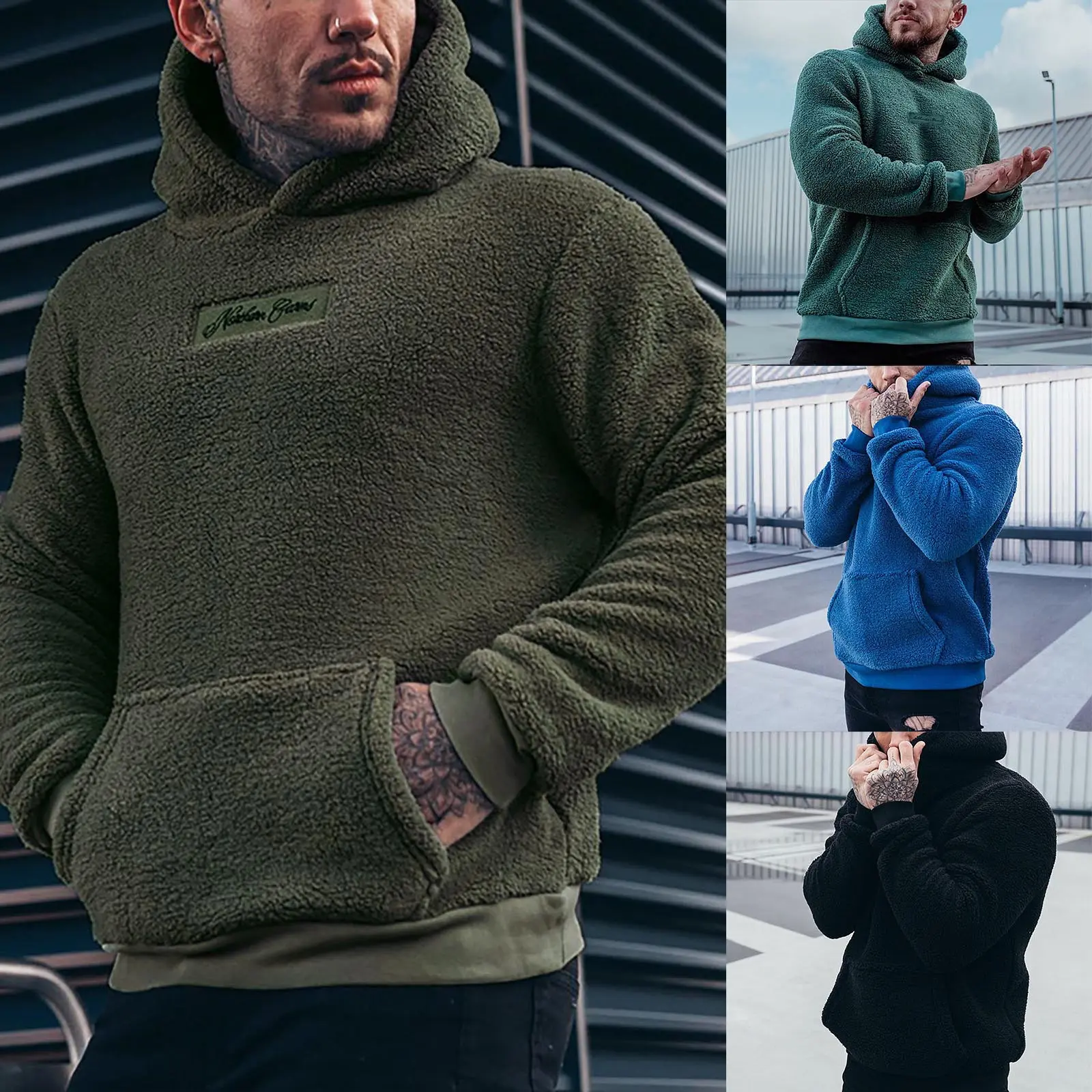 Men's Autumn Plush Hoodies Big And Tall Solid Color Sweatshirts Fuzzy Fleece Letter Label Comfty Casual Sweatshirt for Men