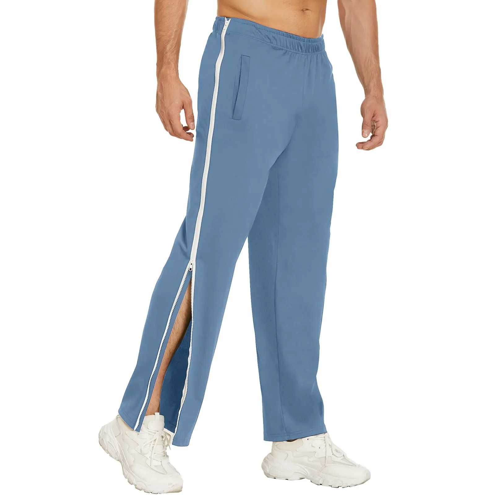 Men's Cotton Casual Sports Pants Side Buttons Basketball Zippers Fully Cut Postoperative Pocket Trouser Elastic Waist Pants
