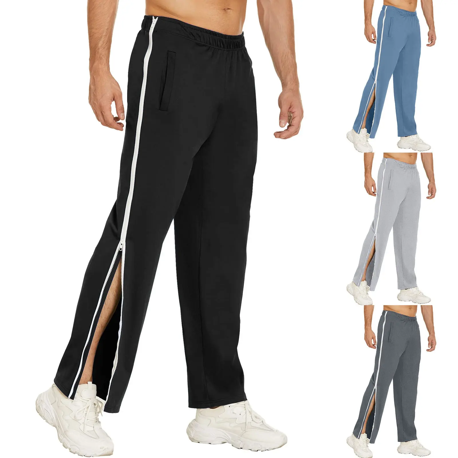 Men's Cotton Casual Sports Pants Side Buttons Basketball Zippers Fully Cut Postoperative Pocket Trouser Elastic Waist Pants