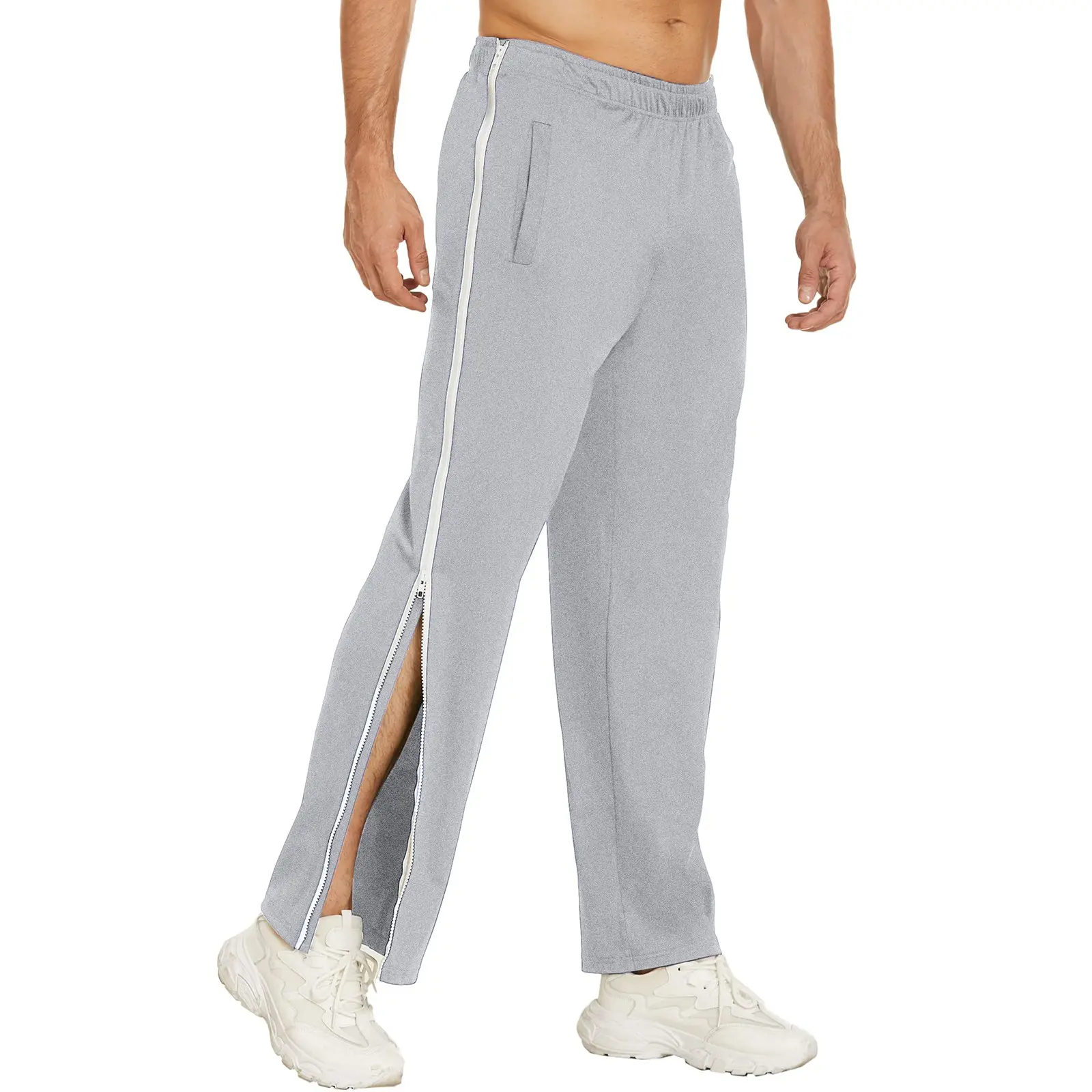 Men's Cotton Casual Sports Pants Side Buttons Basketball Zippers Fully Cut Postoperative Pocket Trouser Elastic Waist Pants