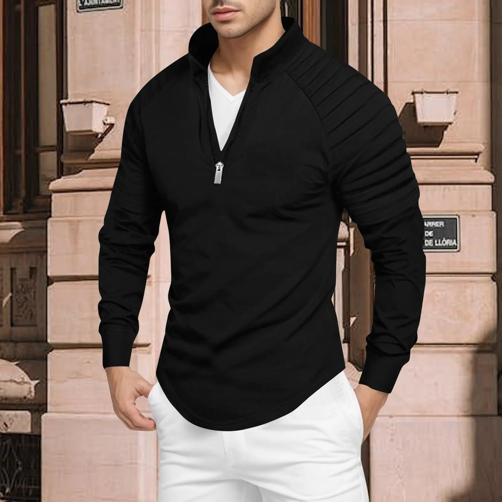 Running Fitness Shirts For Men With Half Zipper Men's Slim Fit Casual Stretch Shoulder Pleated Comfty Breath Warm Athletic Tops
