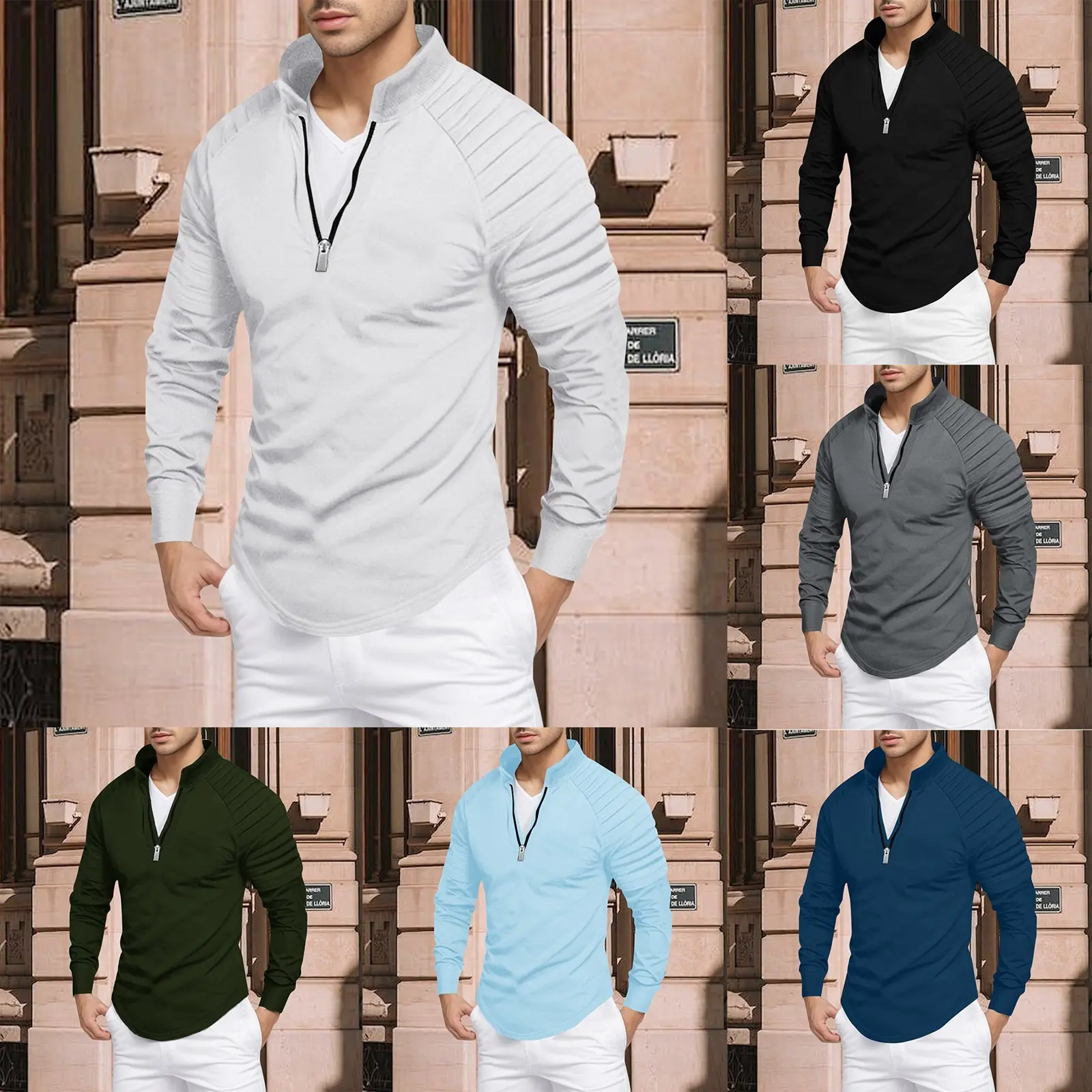 Running Fitness Shirts For Men With Half Zipper Men's Slim Fit Casual Stretch Shoulder Pleated Comfty Breath Warm Athletic Tops