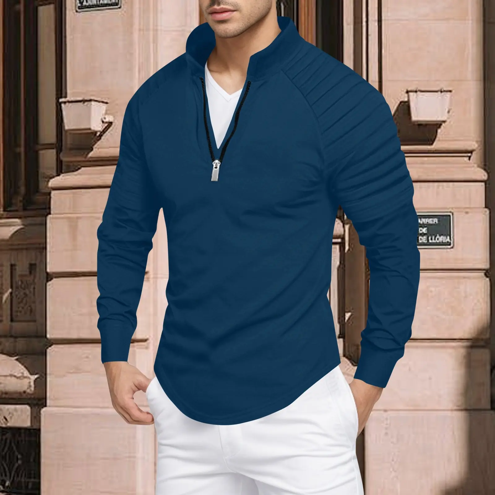 Running Fitness Shirts For Men With Half Zipper Men's Slim Fit Casual Stretch Shoulder Pleated Comfty Breath Warm Athletic Tops
