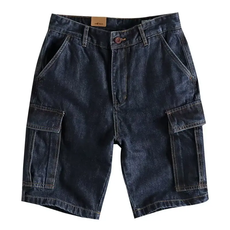 Men Denim Shorts High Wiast Slim Fit Straight Wide Leg Bottoms Minimalist Style Casual Versatile Outdoor Commuting Shorts
