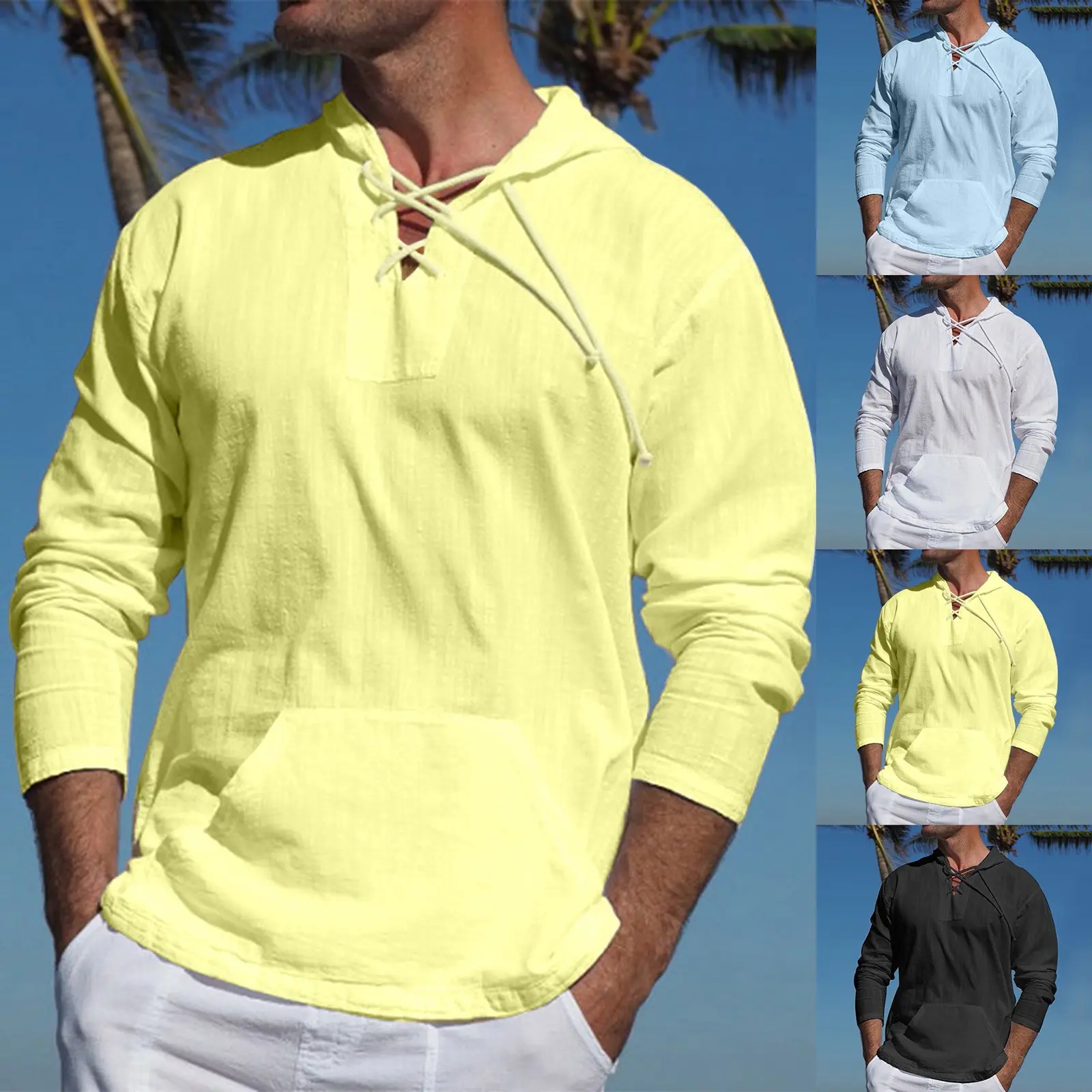 Cool Button up Shirts for Men Men Spring Summer Casual Beach Tropical Cotton Strap Top Pocket Solid Color Hooded Tie Dress Shirt