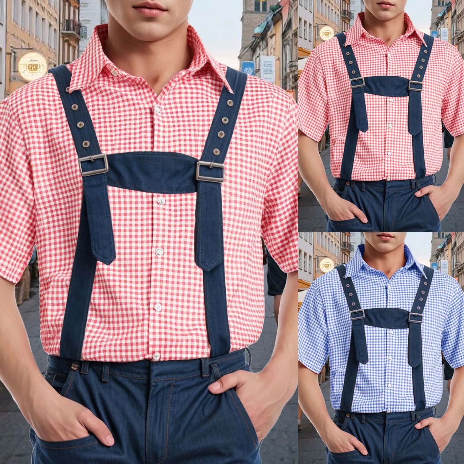 Men's Oktoberfest Checkered Shirt Lapel Neck Short Sleeves Button Down Loose Traditional Checkered Pattern Festival Shirts