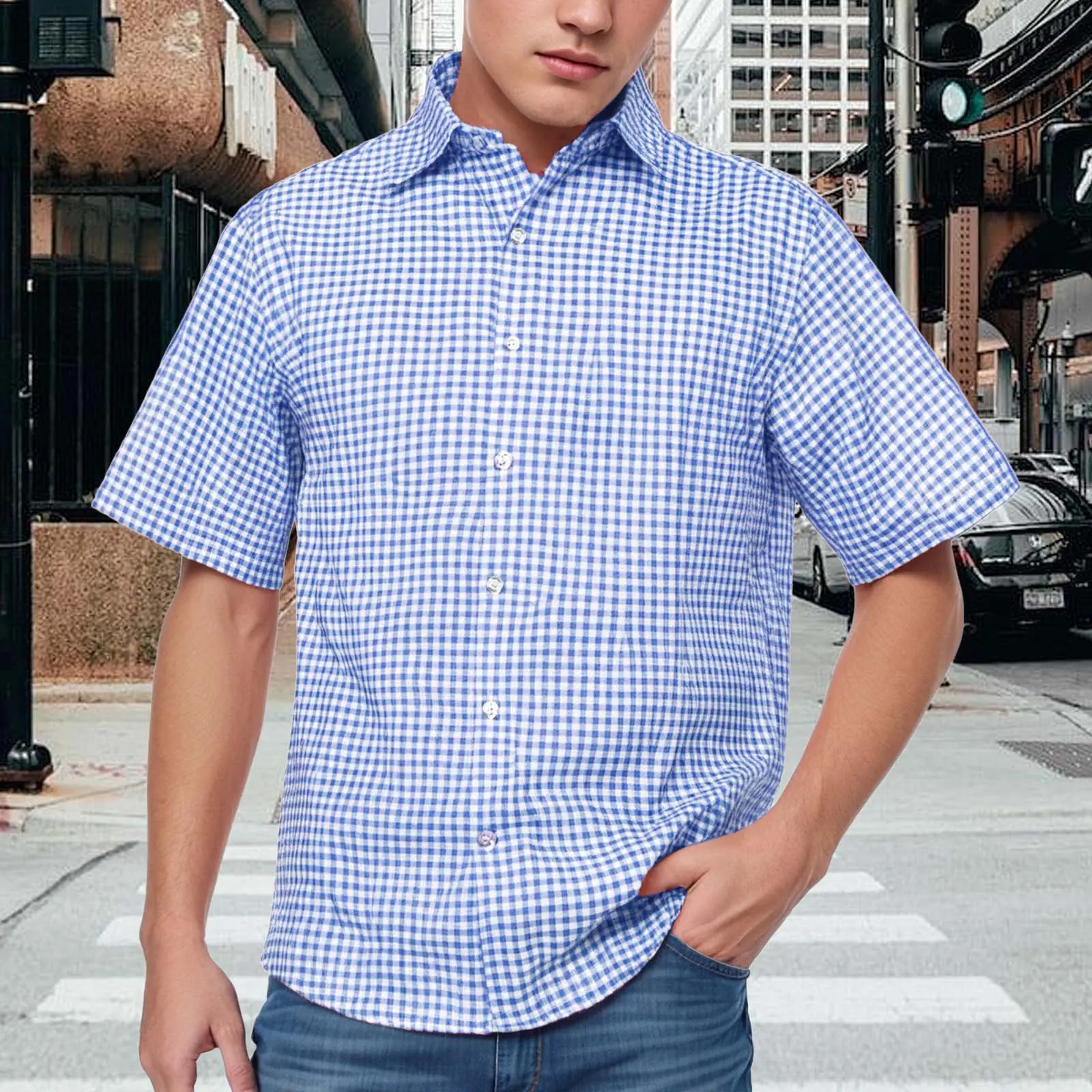 Men's Oktoberfest Checkered Shirt Lapel Neck Short Sleeves Button Down Loose Traditional Checkered Pattern Festival Shirts