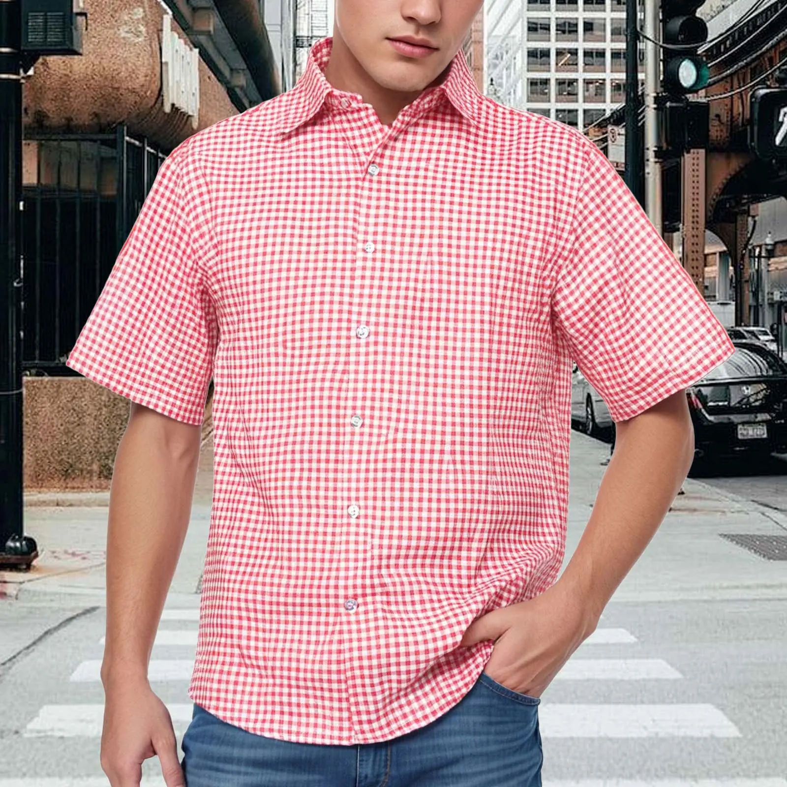 Men's Oktoberfest Checkered Shirt Lapel Neck Short Sleeves Button Down Loose Traditional Checkered Pattern Festival Shirts