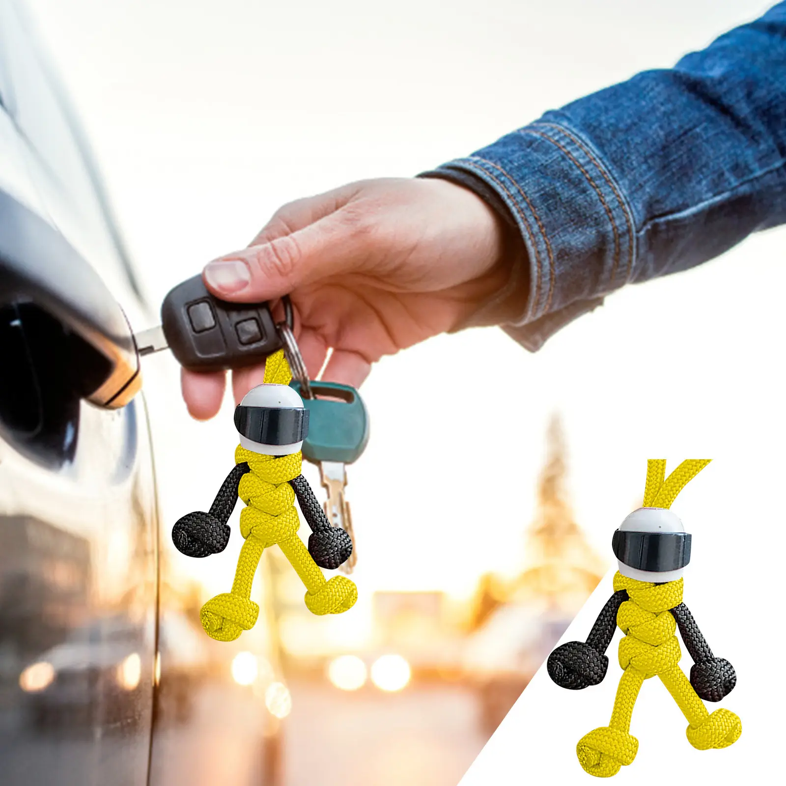 Motorcyclist Minifigure Hanging Chain Umbrella Rope Weaving Keychain Creative Personality Motorcycle Key Accessories Wrist Key