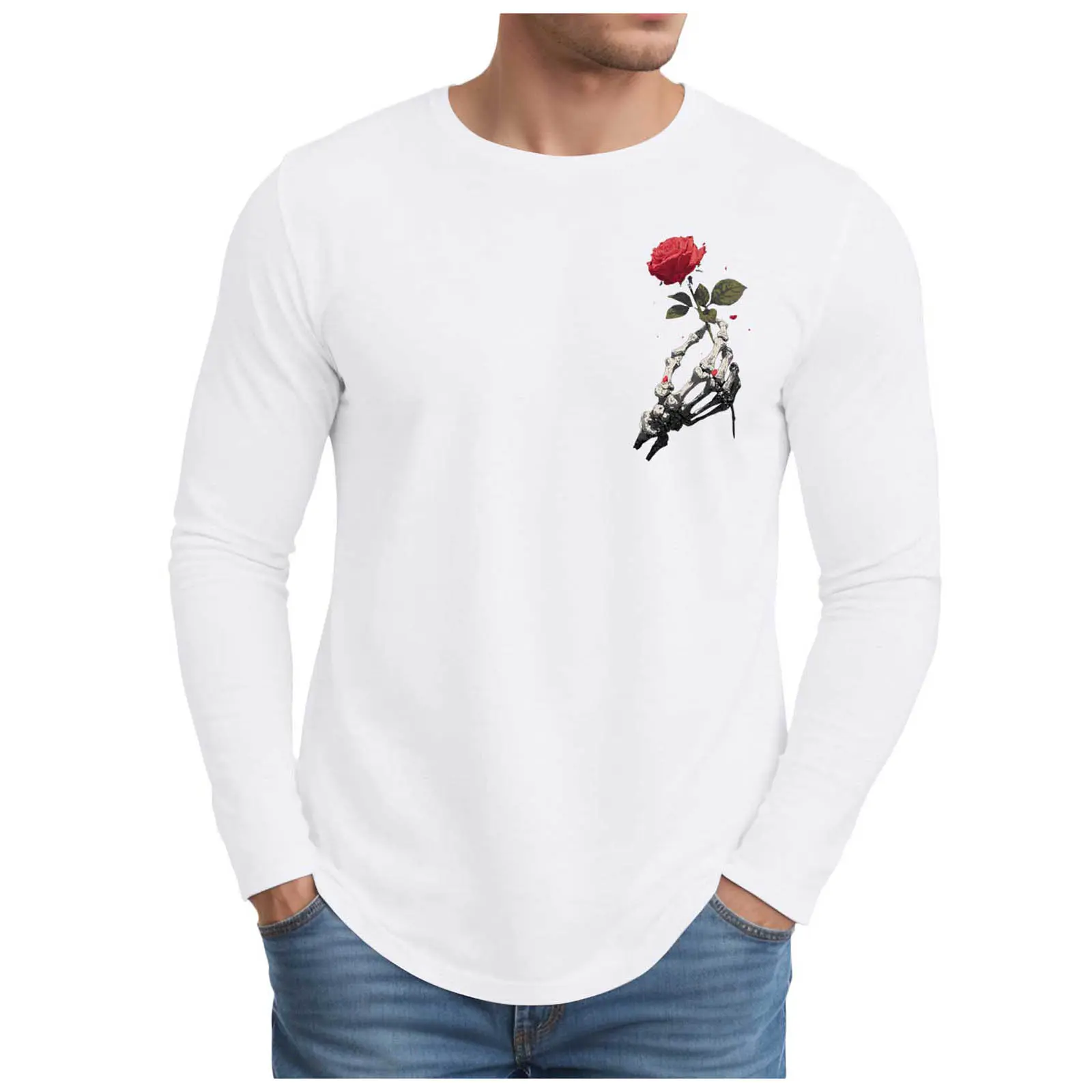 Big And Tall T Shirts for Men Men's Halloween Skeleton Hand Rose Long Sleeve Crew Neck T Shirt Long Sleeve Cotton T Shirt