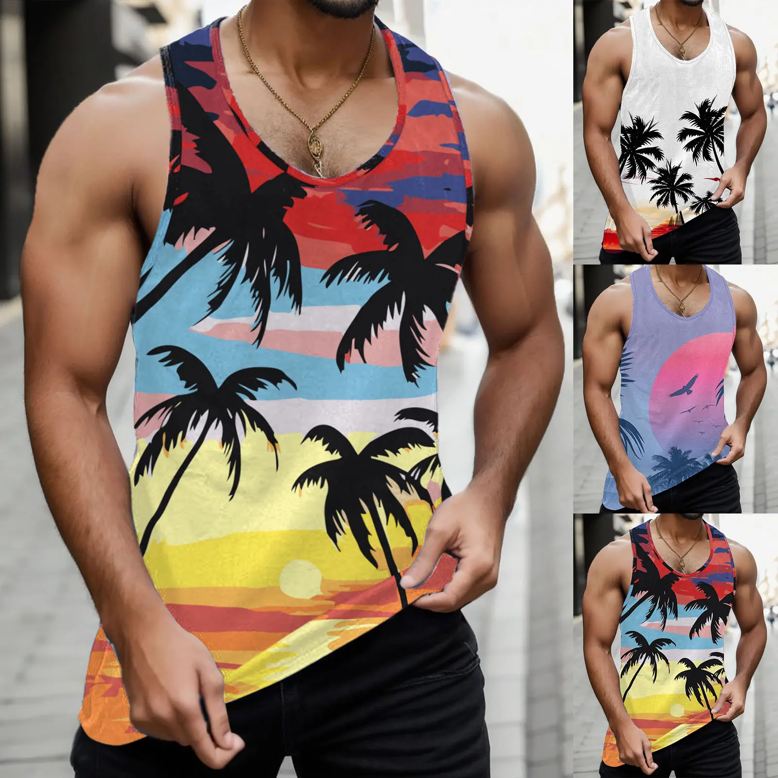 Hot Tees Male Summer Beach Hawaii Tree Printed Tank Tops I Shaped Round Neck Sleeveless Vest Blouse Packs Of The Shirts For Men