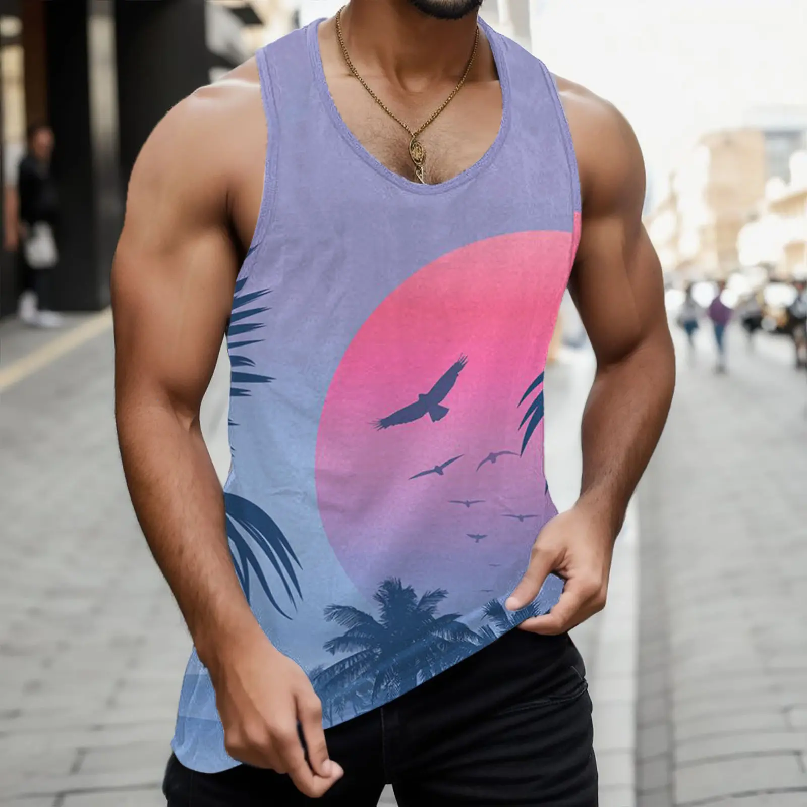 Hot Tees Male Summer Beach Hawaii Tree Printed Tank Tops I Shaped Round Neck Sleeveless Vest Blouse Packs Of The Shirts For Men