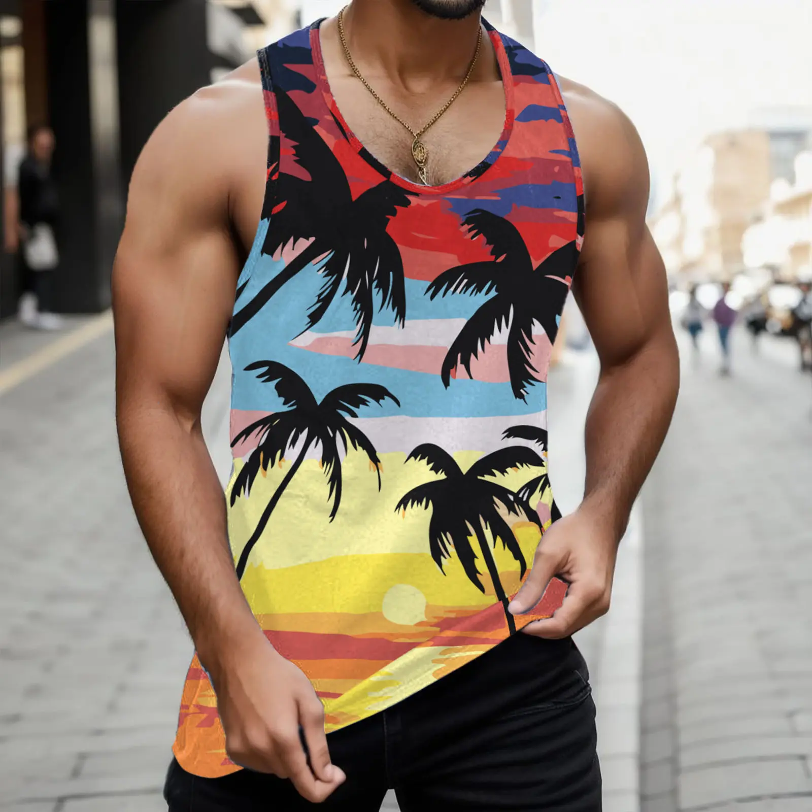 Hot Tees Male Summer Beach Hawaii Tree Printed Tank Tops I Shaped Round Neck Sleeveless Vest Blouse Packs Of The Shirts For Men