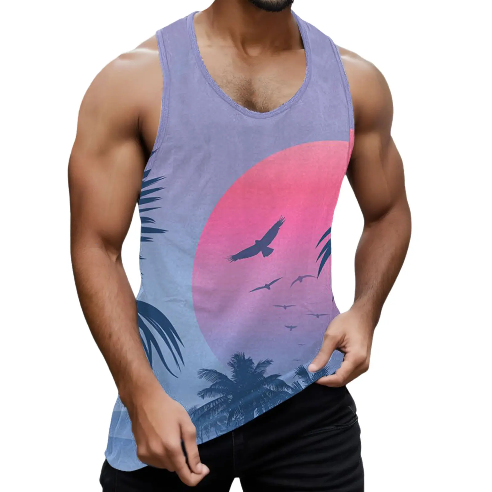 Hot Tees Male Summer Beach Hawaii Tree Printed Tank Tops I Shaped Round Neck Sleeveless Vest Blouse Packs Of The Shirts For Men