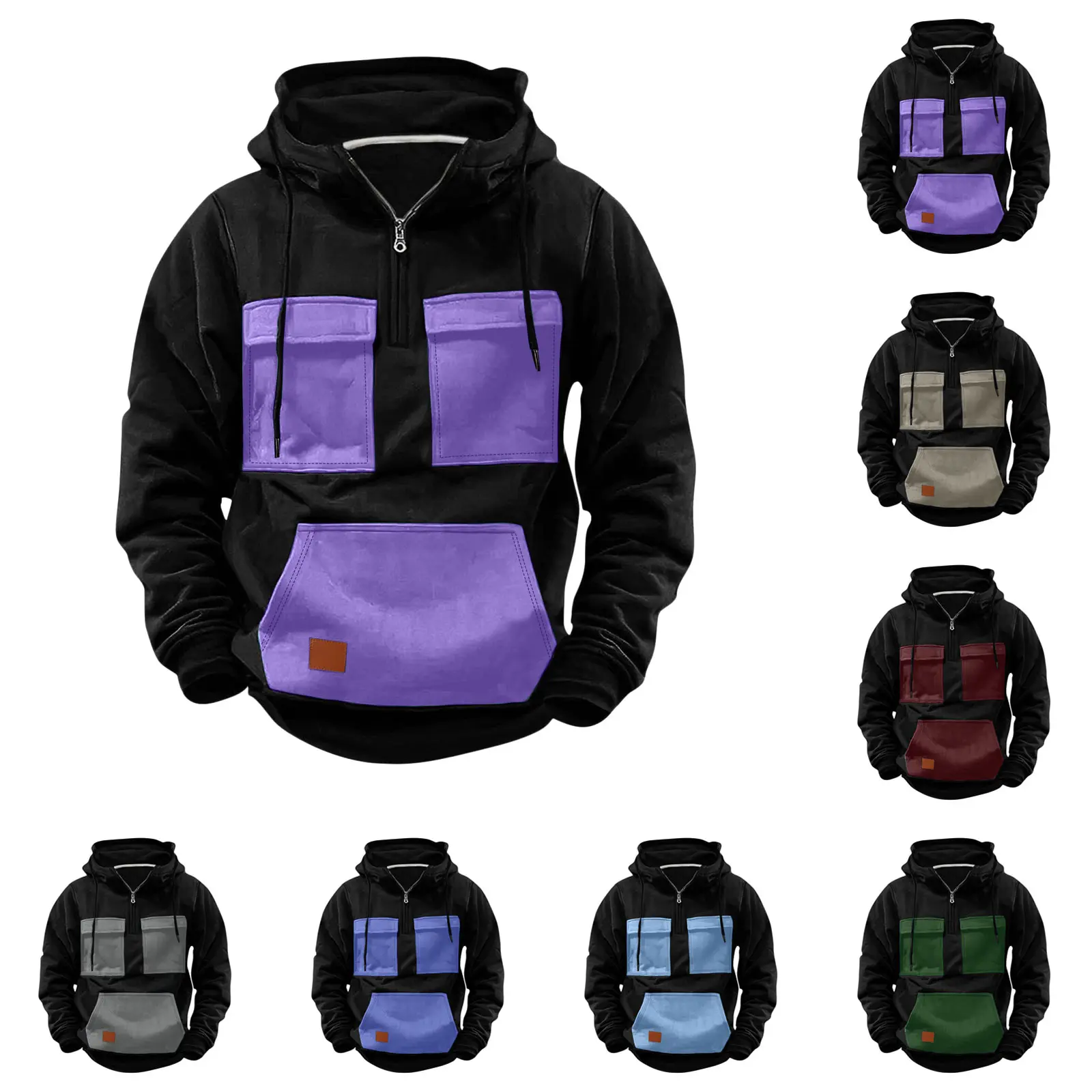 Men'S Hooded Sweatshirt Mens Hooded Sweater Pocket Color Matching Half Zip Long Sleeved Hooded Sweater Sudadera Hombre 2025