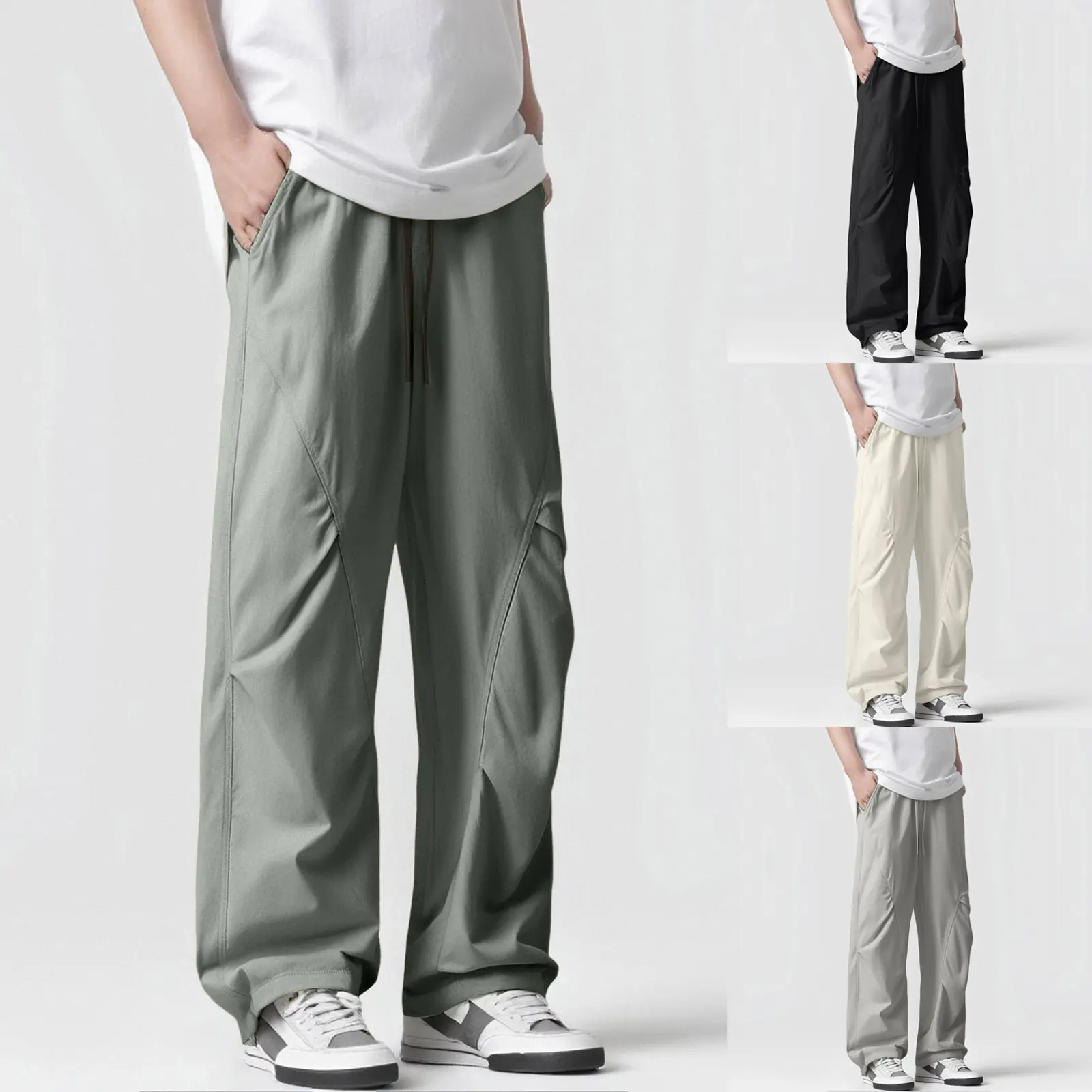 New Pants Flat Front Men'S Street Design Casual Straight Pants Ice Silk Quick Drying Wide Leg Street Wear Roupas Masculinas