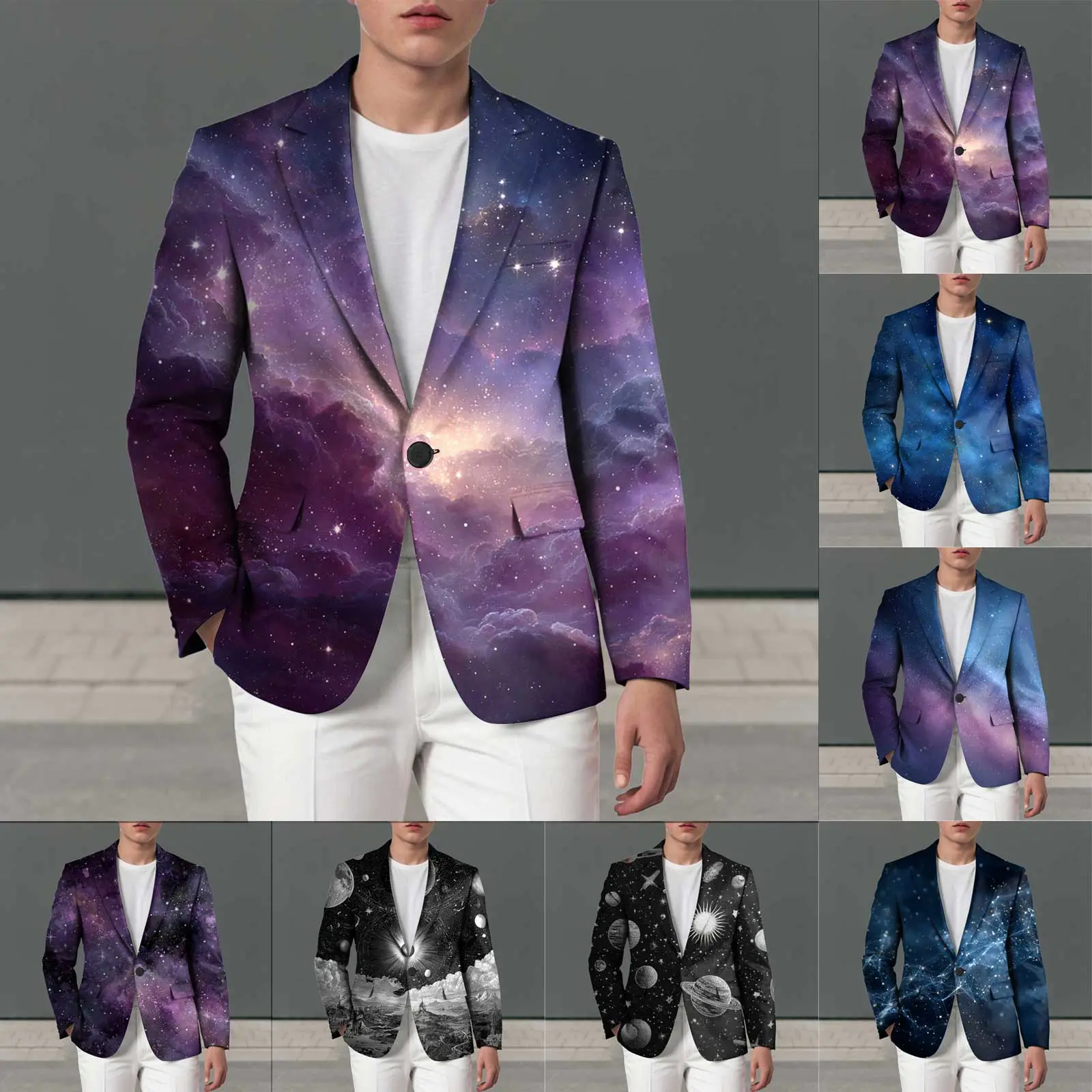 Novelty Coat For Men'S Starry Sky Printed Business Casual Overcoat Long Sleeve Suit Jacket Suit Formal Handsome Clothes For Male