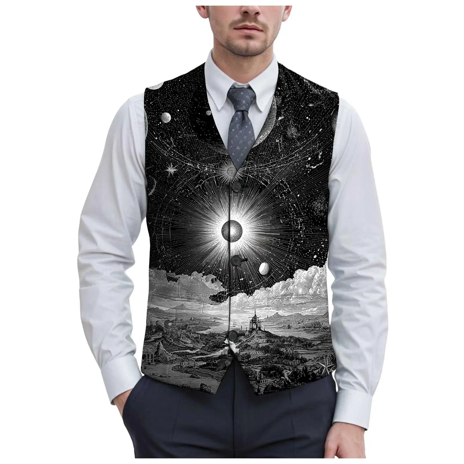 Vest Coat For Men'S Starry Sky Printed Party Casual Suit Vest Sleeveless Top Mens Slim Fit Prom Suits For Men Handsome Apparel