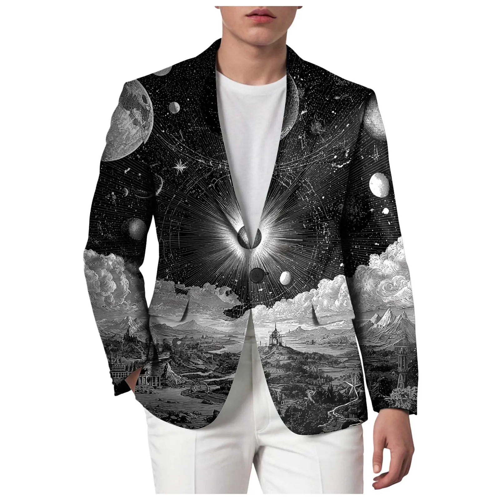 Novelty Coat For Men'S Starry Sky Printed Business Casual Overcoat Long Sleeve Suit Jacket Suit Formal Handsome Clothes For Male