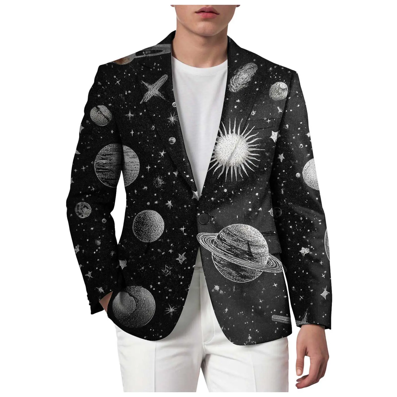 Novelty Coat For Men'S Starry Sky Printed Business Casual Overcoat Long Sleeve Suit Jacket Suit Formal Handsome Clothes For Male
