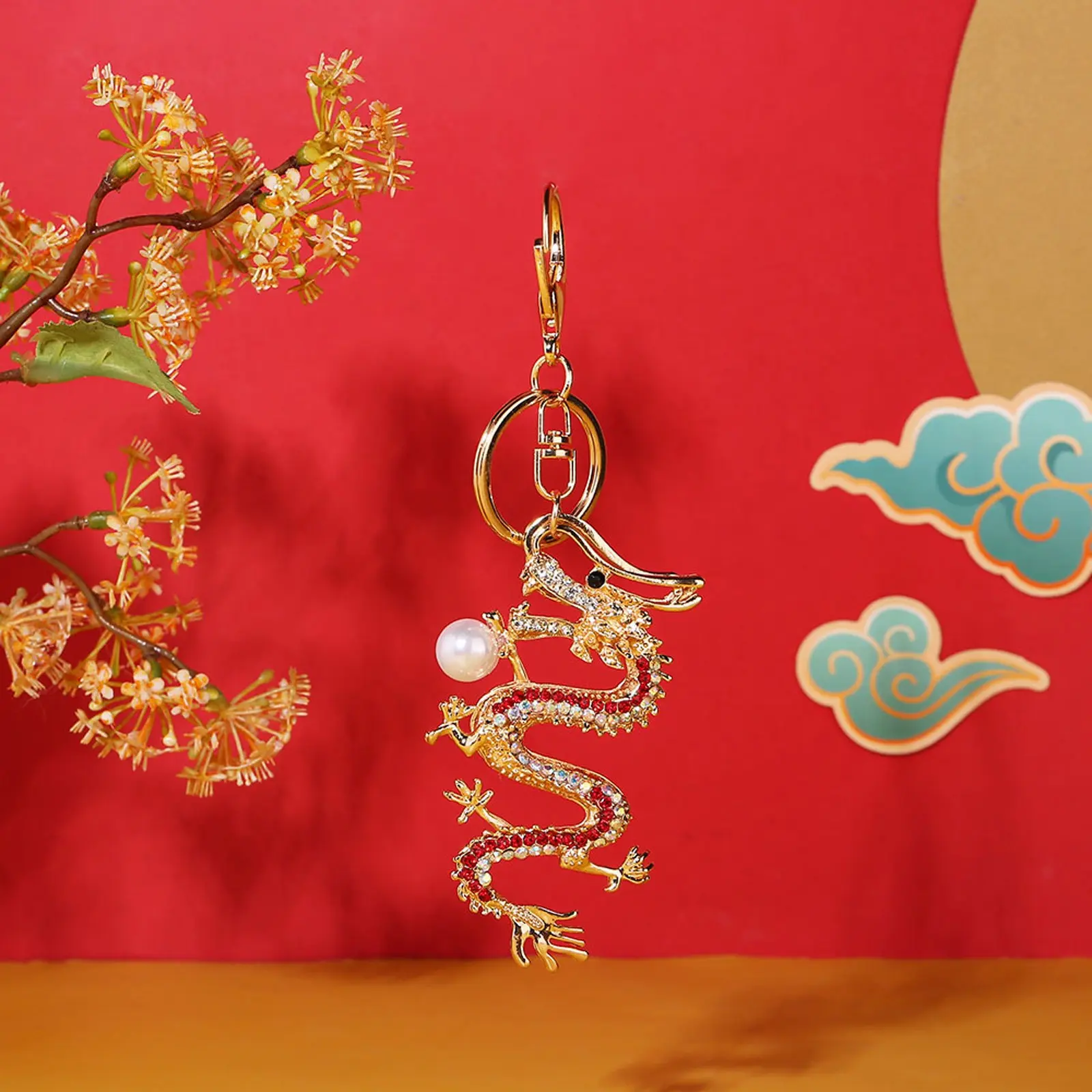 Exquisite Chinese Dragon Keychain High Grade Metal With Glistening Pearls And High End Crystals Work Key Holder Streetwear Decor