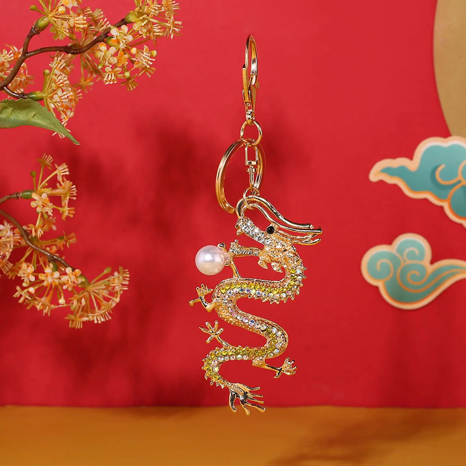 Exquisite Chinese Dragon Keychain High Grade Metal With Glistening Pearls And High End Crystals Work Key Holder Streetwear Decor