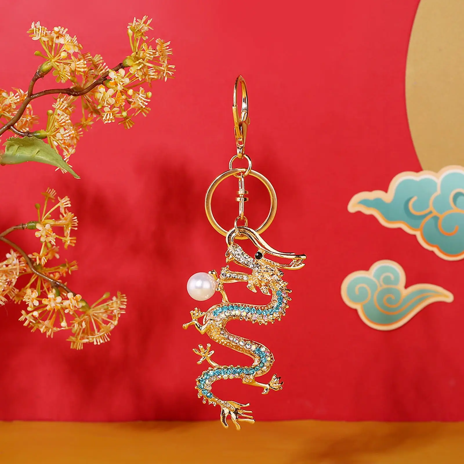 Exquisite Chinese Dragon Keychain High Grade Metal With Glistening Pearls And High End Crystals Work Key Holder Streetwear Decor