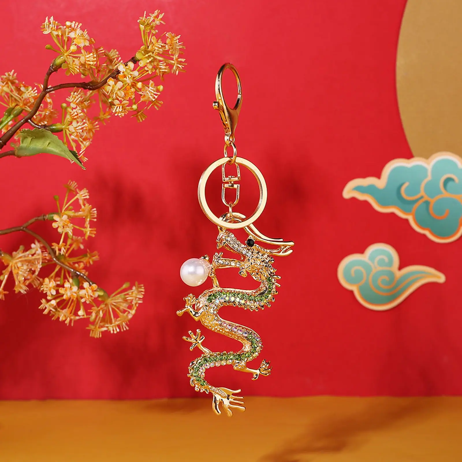 Exquisite Chinese Dragon Keychain High Grade Metal With Glistening Pearls And High End Crystals Work Key Holder Streetwear Decor