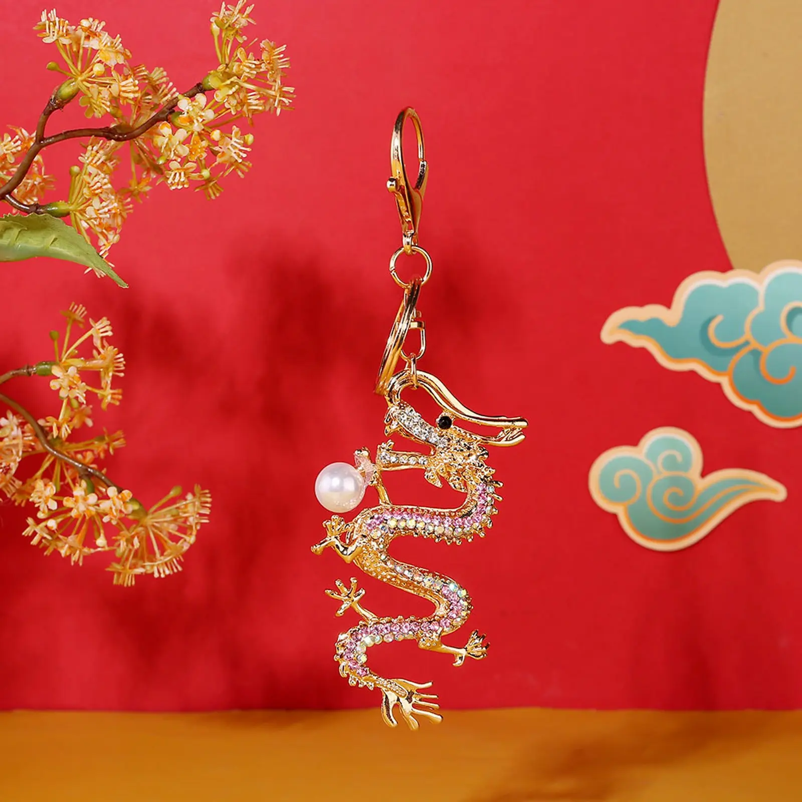 Exquisite Chinese Dragon Keychain High Grade Metal With Glistening Pearls And High End Crystals Work Key Holder Streetwear Decor