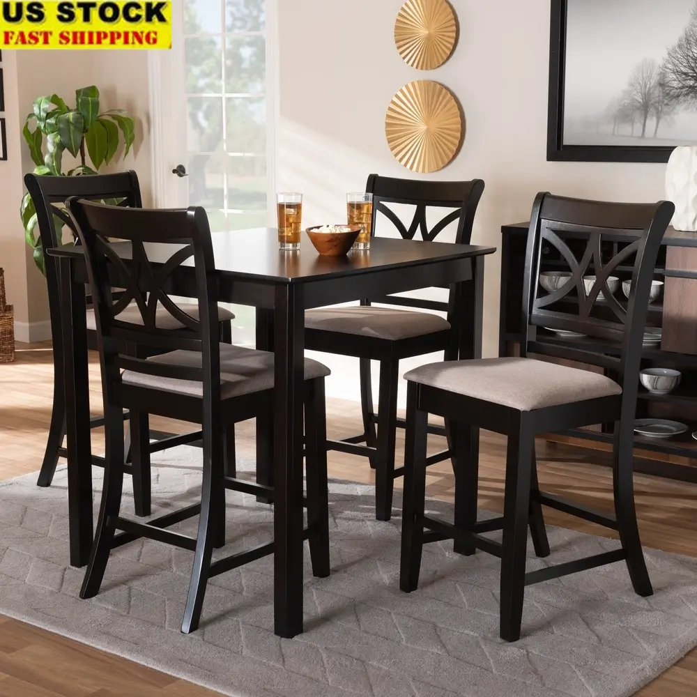 Contemporary 5-Piece Counter Height Pub Dining Set with Espresso Wood Finish and Comfortable Upholstered Chairs Indoor Use