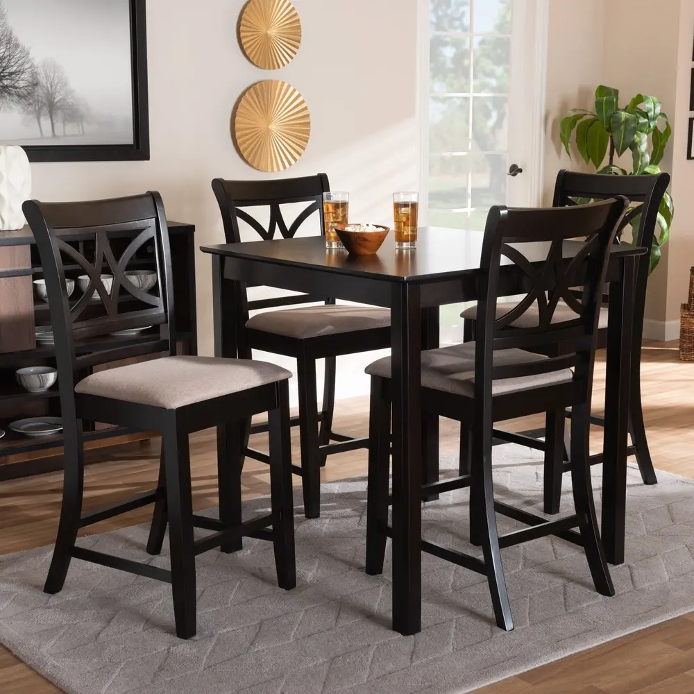 Contemporary 5-Piece Counter Height Pub Dining Set with Espresso Wood Finish and Comfortable Upholstered Chairs Indoor Use