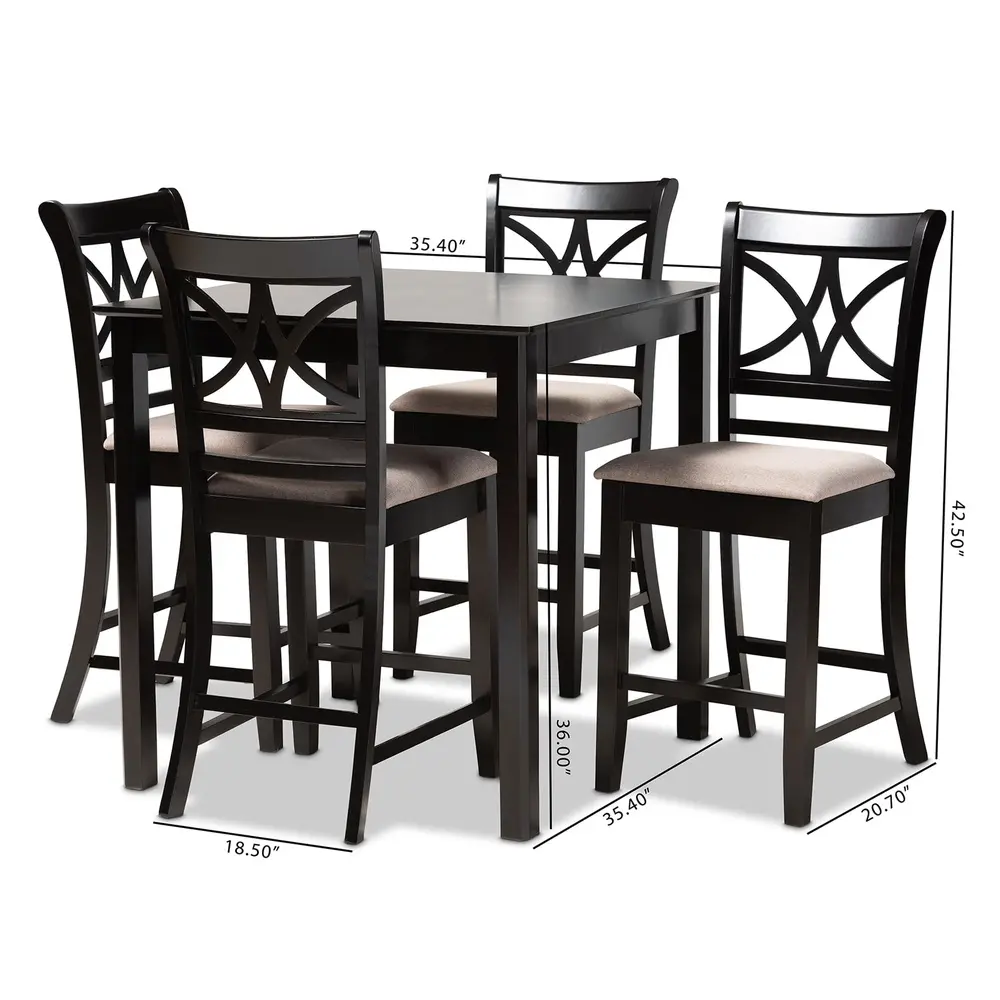 Contemporary 5-Piece Counter Height Pub Dining Set with Espresso Wood Finish and Comfortable Upholstered Chairs Indoor Use