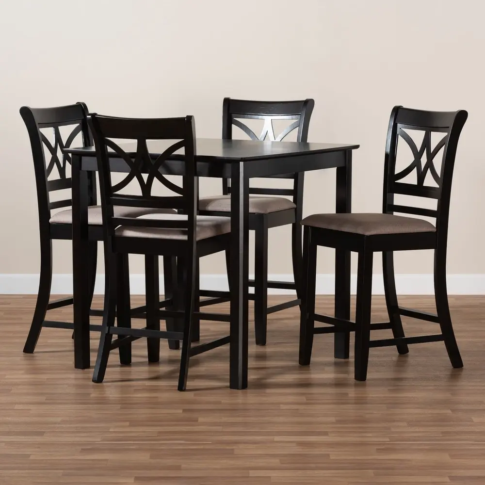 Contemporary 5-Piece Counter Height Pub Dining Set with Espresso Wood Finish and Comfortable Upholstered Chairs Indoor Use