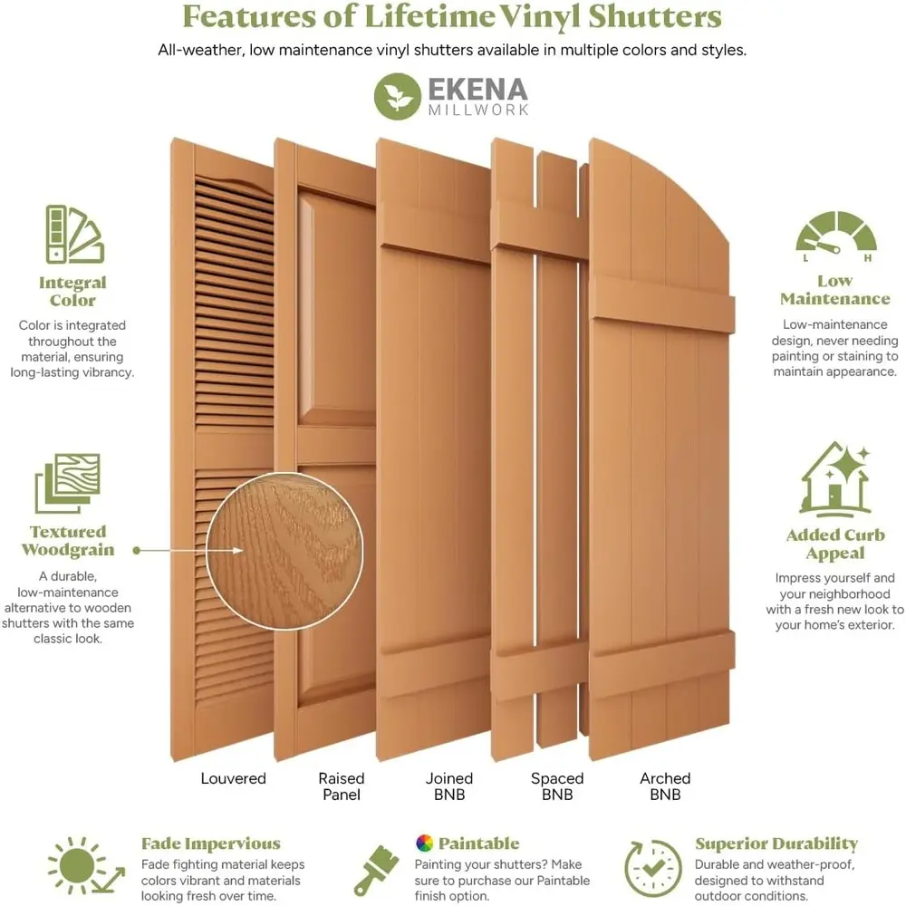 Vinyl Shutters Standard Cathedral Top Open Louver Shutters Pair with Installation Hardware Durable Construction Easy Install