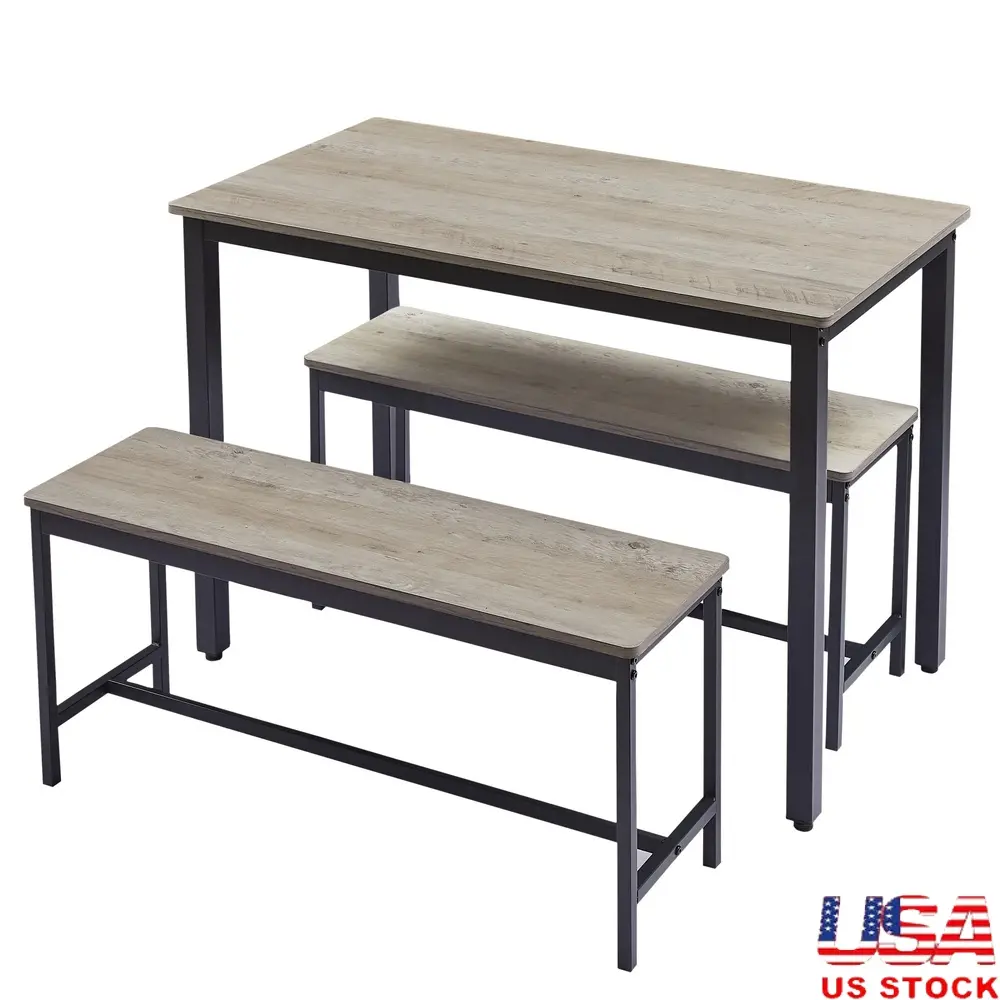 Industrial Dining Table Set with 2 Benches Kitchen Counter 4 People Easy Assembly Rustic Design Space Saving Furniture