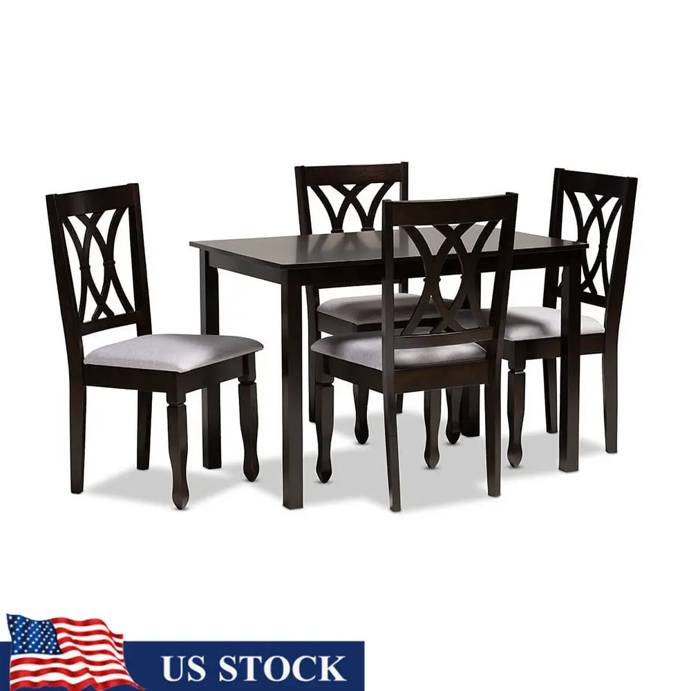Modern 5-Piece Dining Set Rubberwood Table and 4 Chairs Gray Upholstered Cut-Out Back Design Indoor Furniture Assembly Required