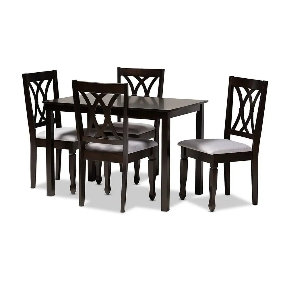 Modern 5-Piece Dining Set Rubberwood Table and 4 Chairs Gray Upholstered Cut-Out Back Design Indoor Furniture Assembly Required
