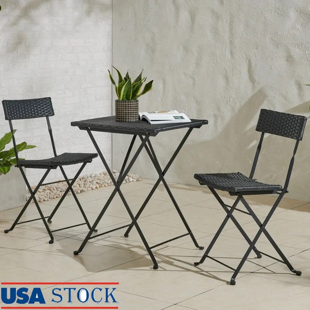 Folding Outdoor Bistro Set 3-Piece Rattan Steel Table and Chairs Lightweight Compact Patio Furniture Small Spaces